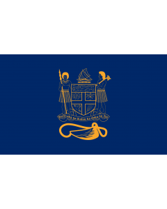 Flag: Standard of the President of Fiji bearing the full Coat of Arms of Fiji and a traditional Knot and Whale s tooth in Golden-Yellow
